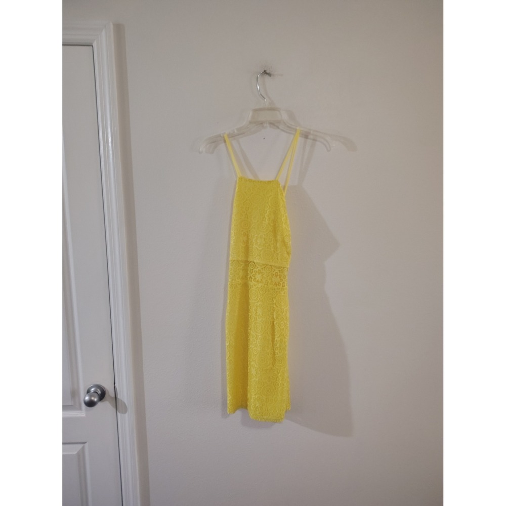 Yellow Lace High Neck Mini Dress Bodycon Open Back Sleeveless Summer Party L